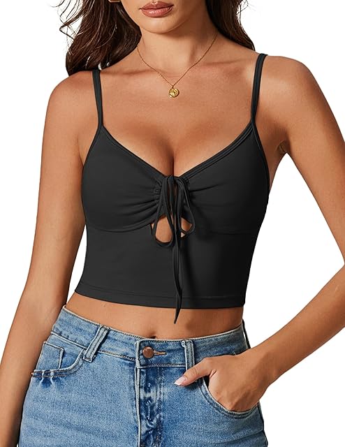 Women Sexy Tie Front Crop Top V Neck Cutout Spaghetti Strap Y2k Cami Tank Top Going Out Camisole Tops
