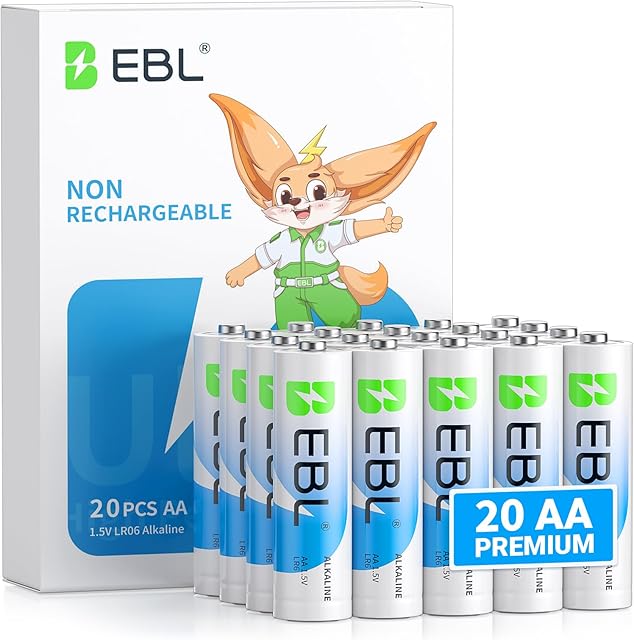 EBL AA Batteries 20 Pack 15V Alkaline Double A Batteries, Long-Lasting Alkaline AA Battery for Household Devices, 10-Year Shelf Life