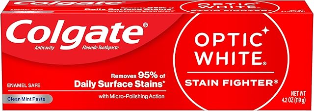 Colgate Optic White Stain Fighter Teeth Whitening Toothpaste, Anticavity Fluoride Toothpaste for Whitening Teeth, Helps Remove Daily Surface Stains, Clean Mint Paste, 4.2 oz