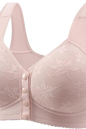 Womens Front Closure Button Underwear Bra Sexy Daisy Bras Lace Embroidery Lingerie Brassiere for Older Women