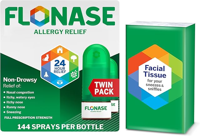 Flonase Allergy Relief Nasal Spray, 24-Hour Non-Drowsy Multi-Symptom Relief ? 144 Sprays (Pack of 2) plus Bonus Pack of Tissues
