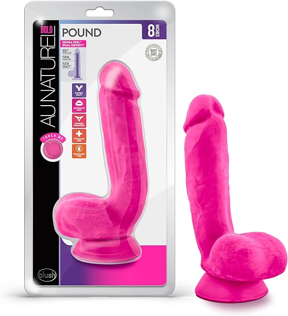 Blush Au Naturel Pound - Realistic 8.5 Inch Long Sensa Feel Dual Density Dildo - 2" Thick - Flexishaft Bendable Body - Strap On Compatible Suction Cup Hands Free Play Sex Toy for Men Women - Neon Pink