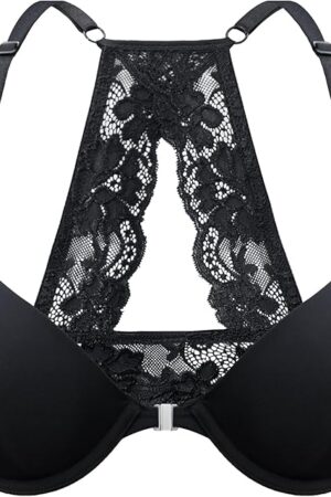 Front Closure Bras for Women Lace Racerback Sexy Plunge Lightly Padded Smooth Tshirt Underwire Push Up Bra