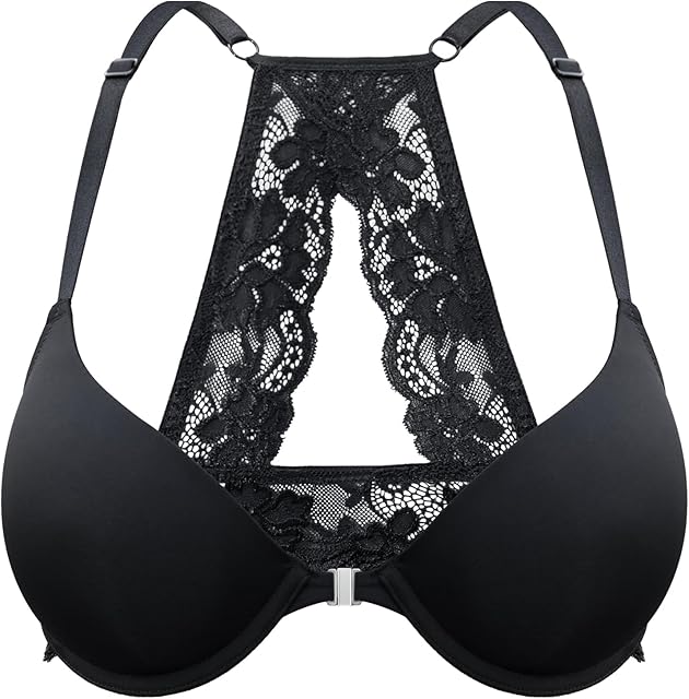 Front Closure Bras for Women Lace Racerback Sexy Plunge Lightly Padded Smooth Tshirt Underwire Push Up Bra