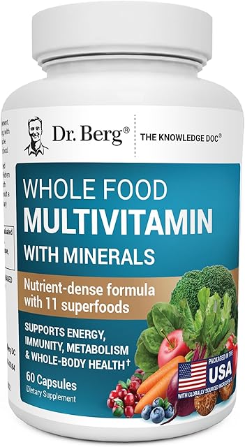 Dr Berg Whole Food Multivitamin with Minerals - Daily Multivitamin for Men and Women - Includes Premium Whole Food Fruits and Vegetable Blend with Folate, Alpha-lipoic Acid and More - 60 Capsules