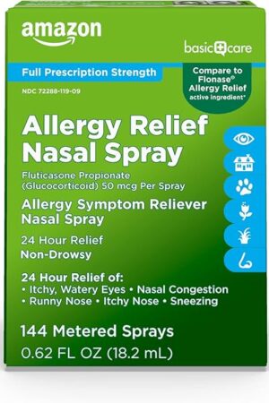 Amazon Basic Care 24-Hour Allergy Relief Nasal Spray, Fluticasone Propionate (Glucocorticoid), 50 mcg, Full Prescription Strength, Non-Drowsy, 062 fl oz (Pack of 1)