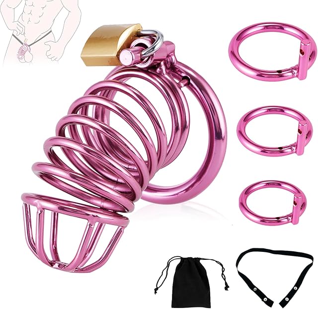 Chastity Cage - Male Chastity Devices with Chastity Belt, 3 Sizes Rings (1.57", 1.77", 1.97"), 2 Keys & 1 Lock, Purple Cock Cage, Large Stainless Steel Penis Bondage Restraints BDSM Sex Toy for Men