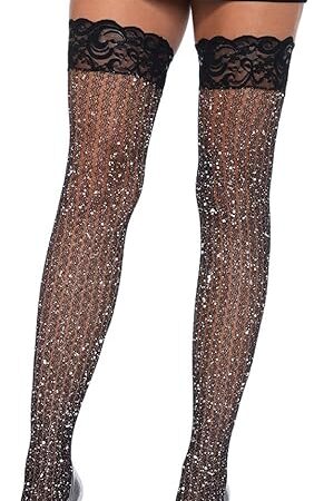 Women's Stay Up Lace Top Lurex Shimmer Cable Net Thigh Highs, Black, One Size