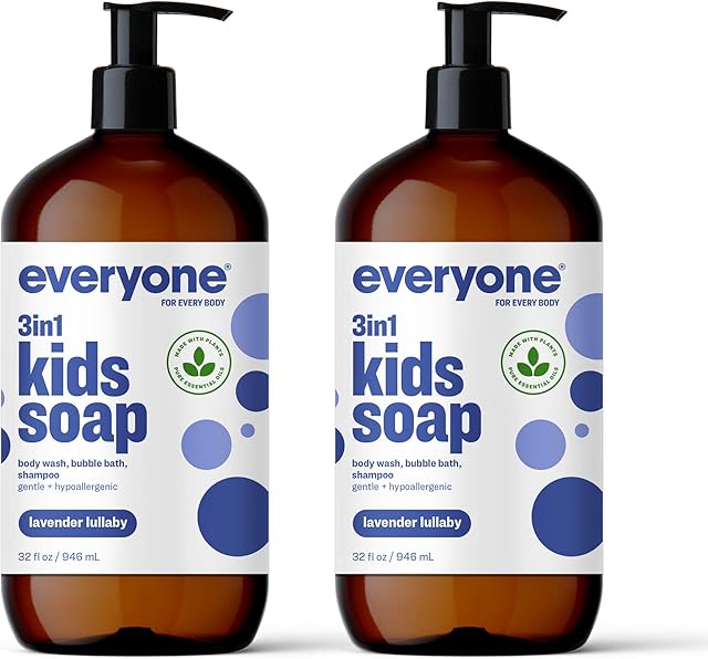 Everyone 3-in-1 Kids Soap, Body Wash, Bubble Bath, Shampoo, 32 Ounce (Pack of 2), Lavender Lullaby, made with Essential Oils for Toddlers, tweens and teens