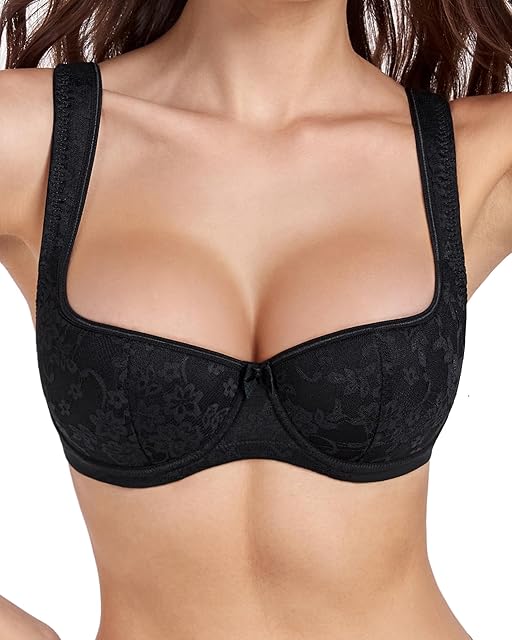 Balconette Bra for Women Sexy Scoop Neck Low Cut Everyday Push Up Demi Half Cup Lightly Padded Shelf Underwire