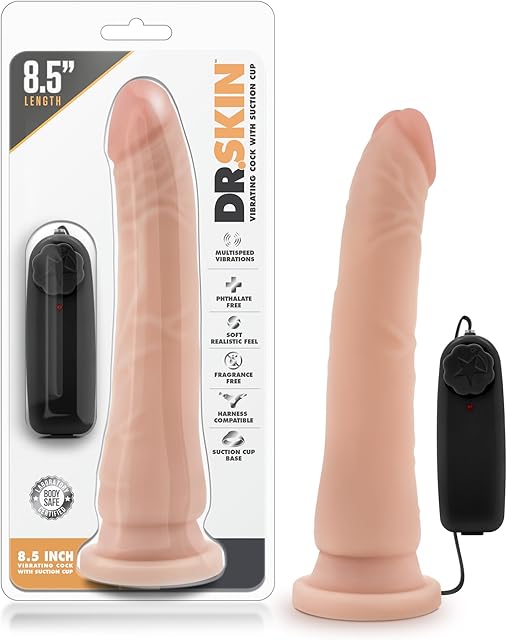 Blush Novelties Dr. Skin - 8.5 Inch Lifelike Realistic Remote Vibrating Dildo - Slim 1.5in Width - Strap On Compatible Suction Cup for Hands Free Play - Multispeed Vibrator for Women Men - Beige