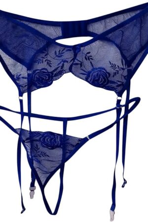 Women Floral Lace Garter Belt and G-String Set Plus Size Mesh Suspender Belt Sexy Embroidered Garter for Stockings