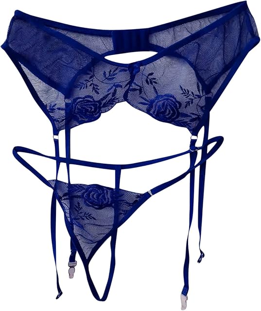 Women Floral Lace Garter Belt and G-String Set Plus Size Mesh Suspender Belt Sexy Embroidered Garter for Stockings