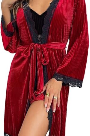 Women's Lace Velvet Robe Sexy V Neck Nightgown Short Bathrobe Sleepwear for Bridal Wedding