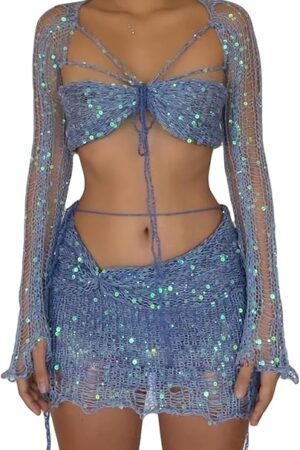 Women's Party Crochet Sequin Lingerie Outfits Sexy Long Sleeve Hollow Out Crop Tops and Short Skirts 2 Piece Beach Sets