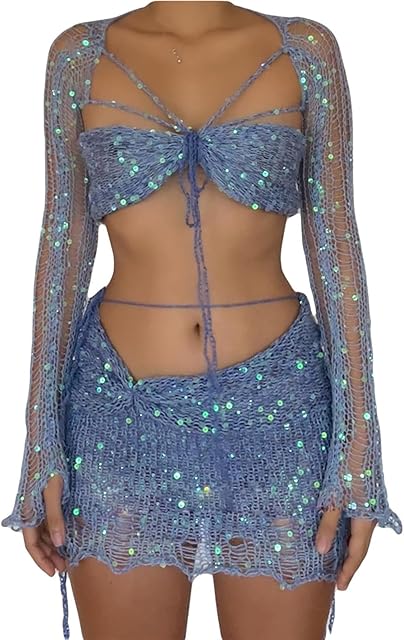 Women's Party Crochet Sequin Lingerie Outfits Sexy Long Sleeve Hollow Out Crop Tops and Short Skirts 2 Piece Beach Sets