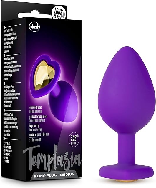 Blush Novelties Temptasia Bling Plug - Medium Butt Plugs - Heart Shaped Gem - Satin Smooth - Body Safe Silicone - Sex Toy for Women - Sex Toy for Couples - Purple