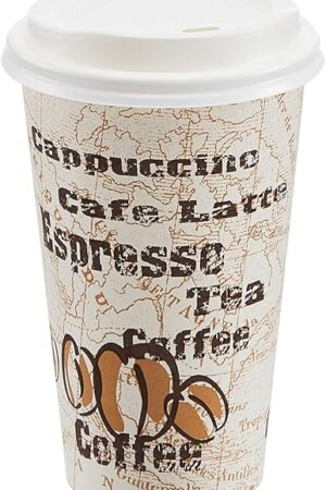 Amazon Basics To Go Hot Paper Coffee Cups with Lids, 16 oz, Caf? Design, Disposable, 100-Count