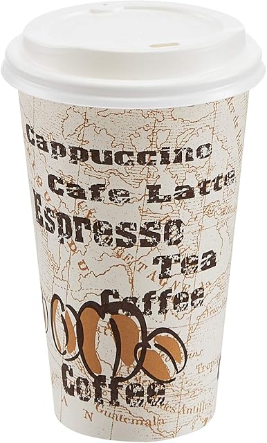 Amazon Basics To Go Hot Paper Coffee Cups with Lids, 16 oz, Caf? Design, Disposable, 100-Count
