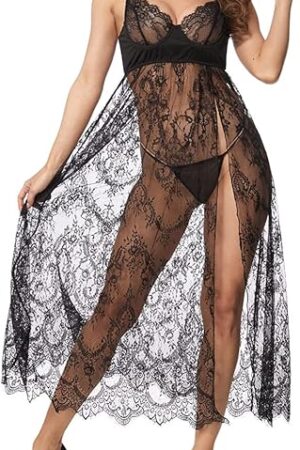 Women Sexy Lingerie Lace High Slit Maxi Long Gown Sheer Dress with Underwire S-4XL