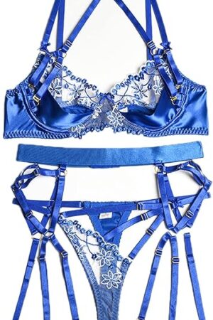Women Sexy Choker Garter Lingerie Set Satin Lace Embroidered Underwired Push Up Bra and Panty