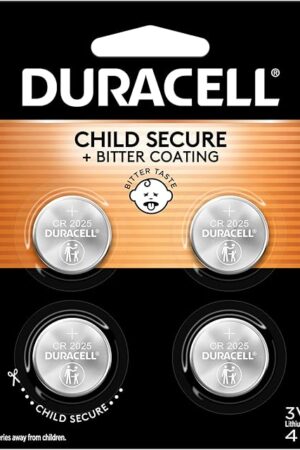 Duracell CR2025 3V Lithium Battery, Child Safety Features, 4 Count Pack, Lithium Coin Battery for Key Fob, Car Remote, Glucose Monitor, CR Lithium 3 Volt Cell