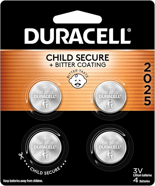 Duracell CR2025 3V Lithium Battery, Child Safety Features, 4 Count Pack, Lithium Coin Battery for Key Fob, Car Remote, Glucose Monitor, CR Lithium 3 Volt Cell