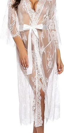 Women Sexy Long Lace Lingerie Kimono Robe Sheer Babydoll Nightgown Nightdress