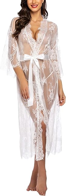 Women Sexy Long Lace Lingerie Kimono Robe Sheer Babydoll Nightgown Nightdress