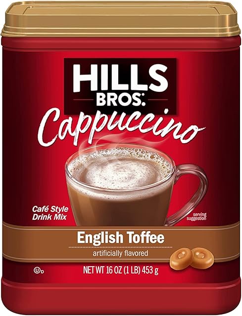 Hills Bros Instant Cappuccino Mix, English Toffee (16 Oz, Pack of 1) ? Convenient and Versatile, Instant Hot or Iced Coffee, Frothy & Rich English Toffee Flavor - Just Add Water