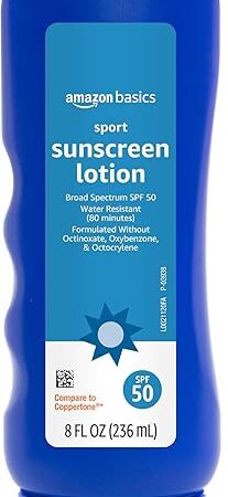 Amazon Brand - Solimo Sport Sunscreen Lotion, SPF 50, Reef Friendly (Octinoxate & Oxybenzone Free), Broad Spectrum UVA/UVB Protection, 8 Fluid Ounce