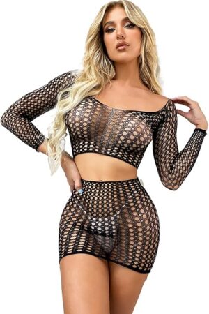 Womens Mesh Lingerie Sexy Fishnet BabyDoll Mini Dress Set Long Sleeve One Size See Through Hot Outfit