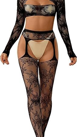 Womens Naughty Bodysuit Set Cutout Top Long Sleeve+Stretchy Suspenders Stocking Sexy Tights Bodycon Set