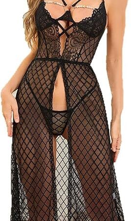 Women's Long Mesh Babydoll Lingerie Sexy Sheer Chemise Nightgown Front Split Erotic Pajama Dress with Thongs