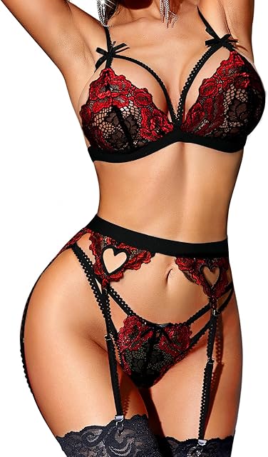 Women Lingerie Sets with Garter Belt 3 Piece Lace Teddy Babydoll Bodysuit