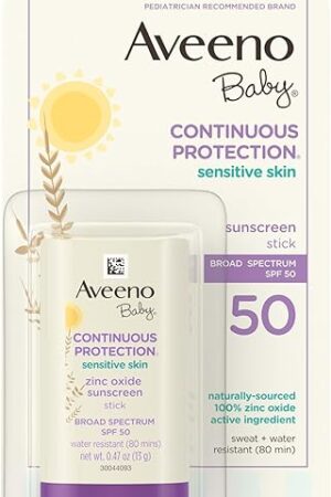 Aveeno Baby Continuous Protection Mineral Sunscreen Stick for Sensitive Skin with Broad Spectrum SPF 50 Protection for Face & Body, Naturally Sourced 100% Zinc Oxide, Travel Size, 047 oz