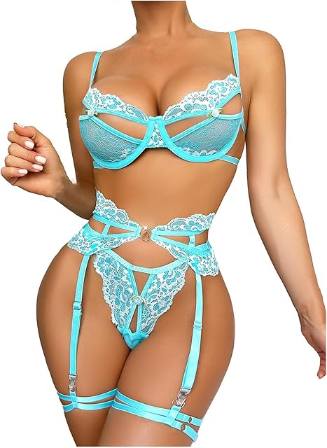 Women's Sexy Lingerie Set with Garter Belt 3 Piece Lace Mesh Hollow Out Bra and Panty Sets Underwear for Sex Naughty