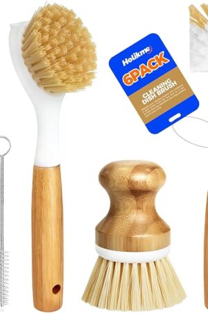 Holikme 6 Pack Dish Brush Kitchen Brushes Set with Bottle Brush, Dish Brush, Palm Scrub Brush and Straw Brush, Fruit Vegetable Cleaning Brushes, Long Handle for Skillet Wok Pot Pan Cast Iron, Yellow