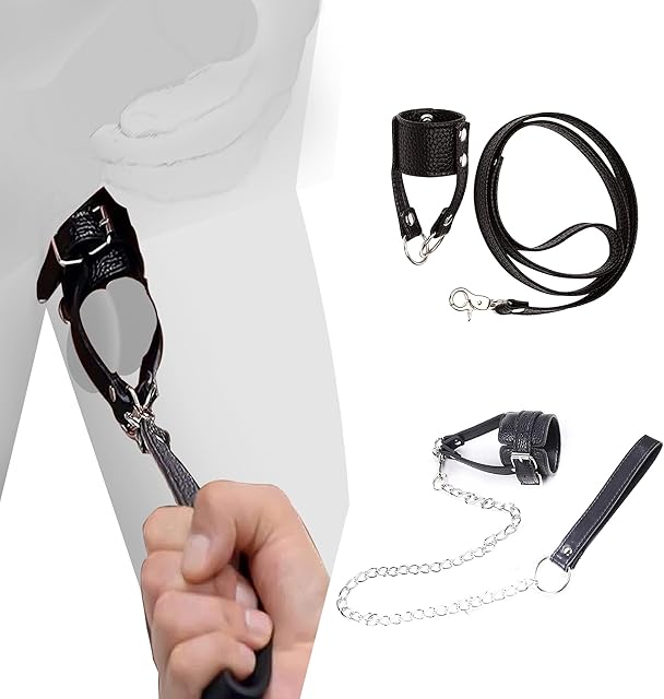 Leather Cock Ring Sex Bondage BDSM Testicle Pulling Collar and Leash, Testicle Bondage Rope Sex Restraints for Men, Sexual Stimulation Device Chains, Sex BDSM Rope