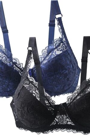 2PC Women Underwire Sexy Bra Lace Trim Floral Embellished Bralette Push Up Solid Bralettes 2025 Sheer Comfort Bras
