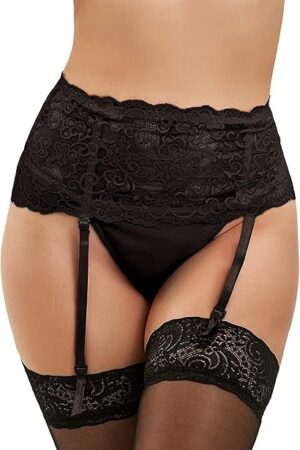 Womens Lace Garter Belt Plus Size Suspender Belts Sexy Lingerie Panties Sets with 4 Clips for Thigh High Stockings