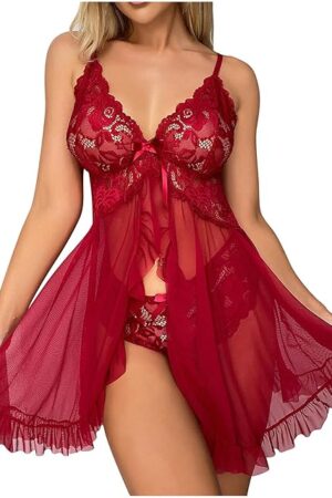 Babydoll Lingerie for Women Sexy Hot Lace Mesh Chemise Front Closure Nightdress Pajama Dress with Push Up Bra