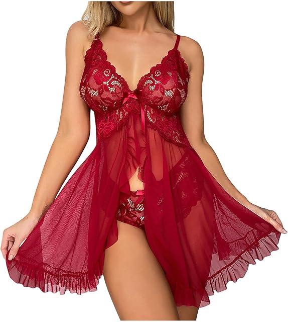 Babydoll Lingerie for Women Sexy Hot Lace Mesh Chemise Front Closure Nightdress Pajama Dress with Push Up Bra