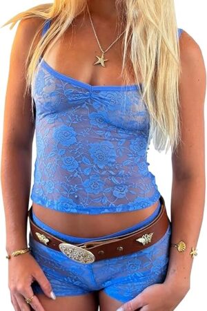 Floral Lace Pajamas for Women Set See Through Lingerie Set Cami Tank Top and Low Rise Shorts Matching Lounge Sets