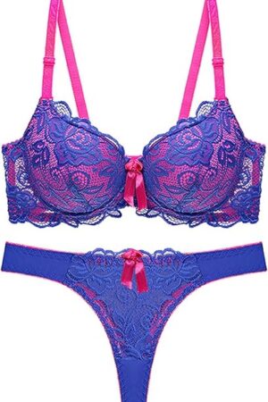 Women's Sexy Thin Cup Lace Color Block Bra Set Shaped Push Up Underwear,Pattern Fashionable Casual Convertible Bra Blue, 36B