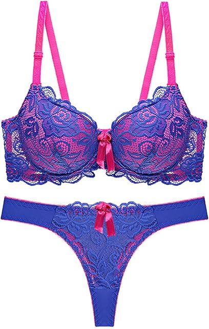 Women's Sexy Thin Cup Lace Color Block Bra Set Shaped Push Up Underwear,Pattern Fashionable Casual Convertible Bra Blue, 36B