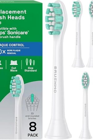 Brushmo Plaque Control Replacement Toothbrush Heads, Compatible with Philips Sonicare Click-on Electric Toothbrush Handles, 8 Standard Replacement Heads, Soft Dupont Bristles, BM928, White