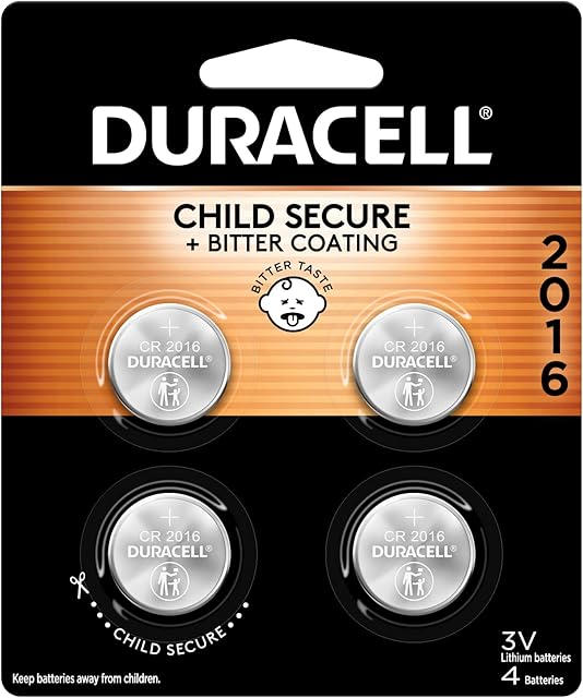 Duracell 2016 Lithium Battery, 4 Count (Pack of 1), Child Safety Features, Lithium Coin Battery for Key Fob, Car Remote, and other devices CR2016 Lithium 3 Volt (3V) Cell