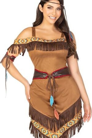 Womens - 4 Piece Native Princess Dress Set Sexy Fringe Off the Shoulder Dress and Headband Halloween Adult Sized Costumes, Brown, Medium Large US