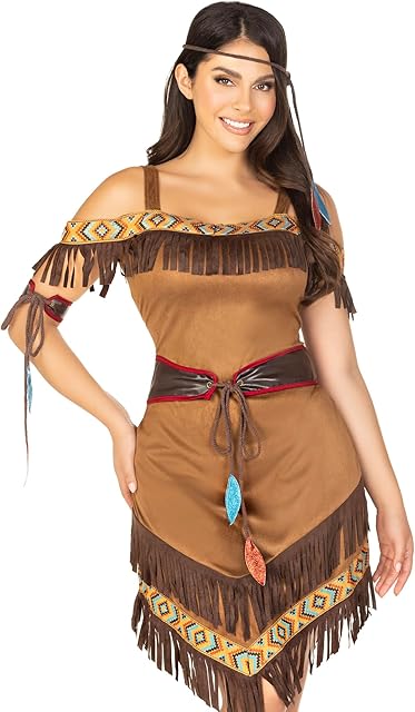 Womens - 4 Piece Native Princess Dress Set Sexy Fringe Off the Shoulder Dress and Headband Halloween Adult Sized Costumes, Brown, Medium Large US